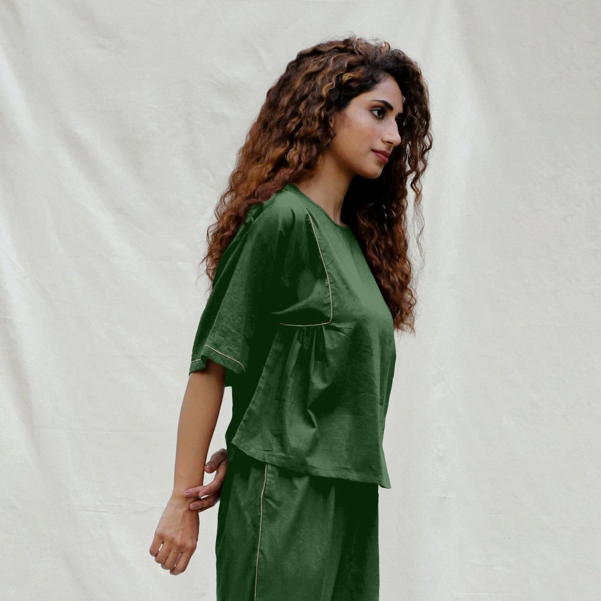 Dark Green Cotton Drop Shoulder Sleeves Gathered Top