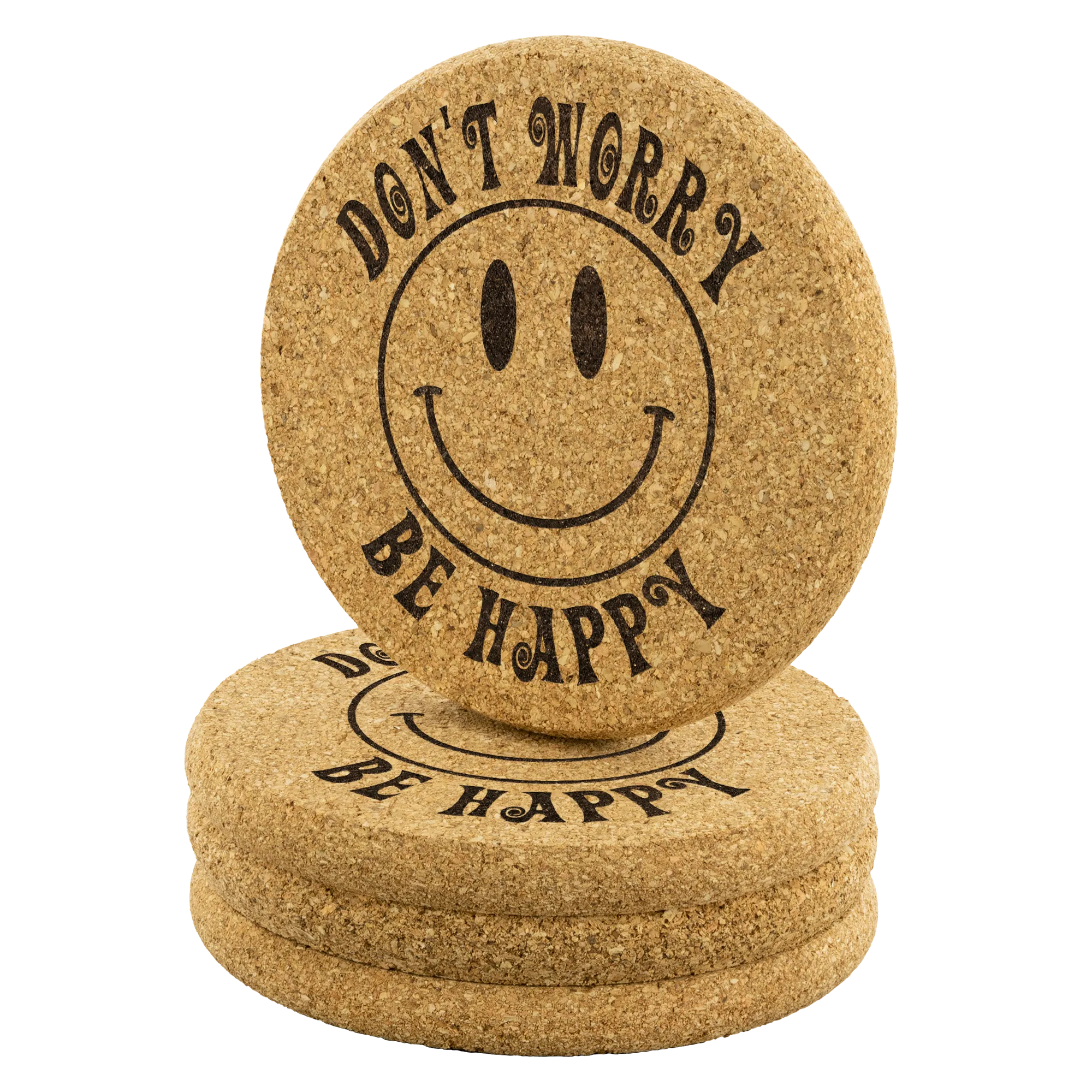 Don't Worry, Be Happy 4pc Set of Cork Coasters, Smiley Face