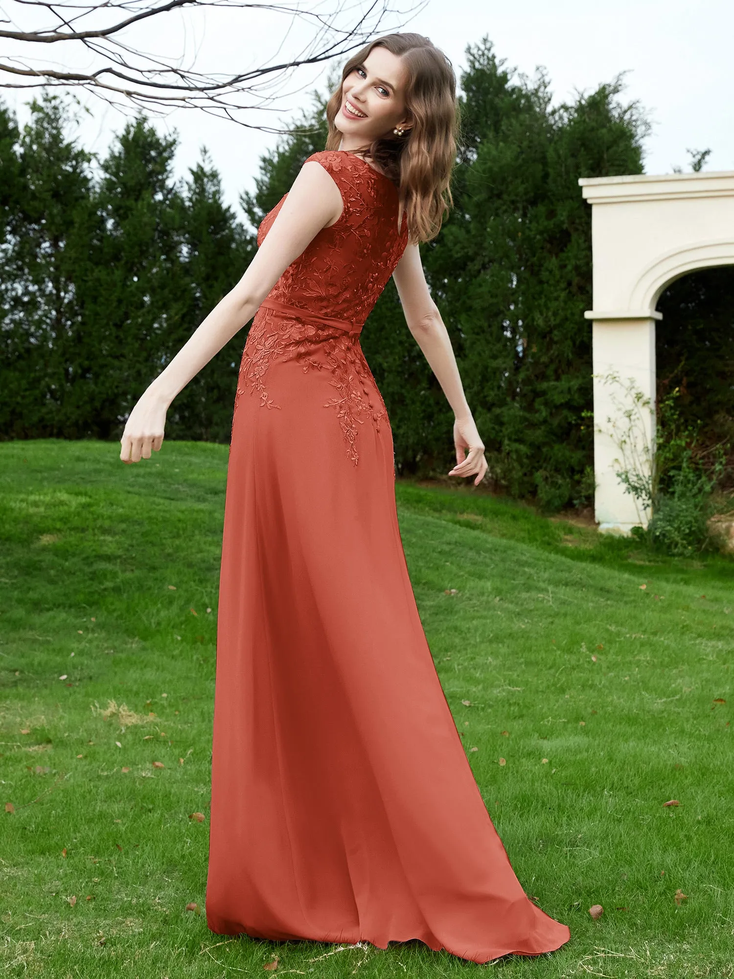 Elegant Illusion Lace Appliqued Dress With Buttons Rust