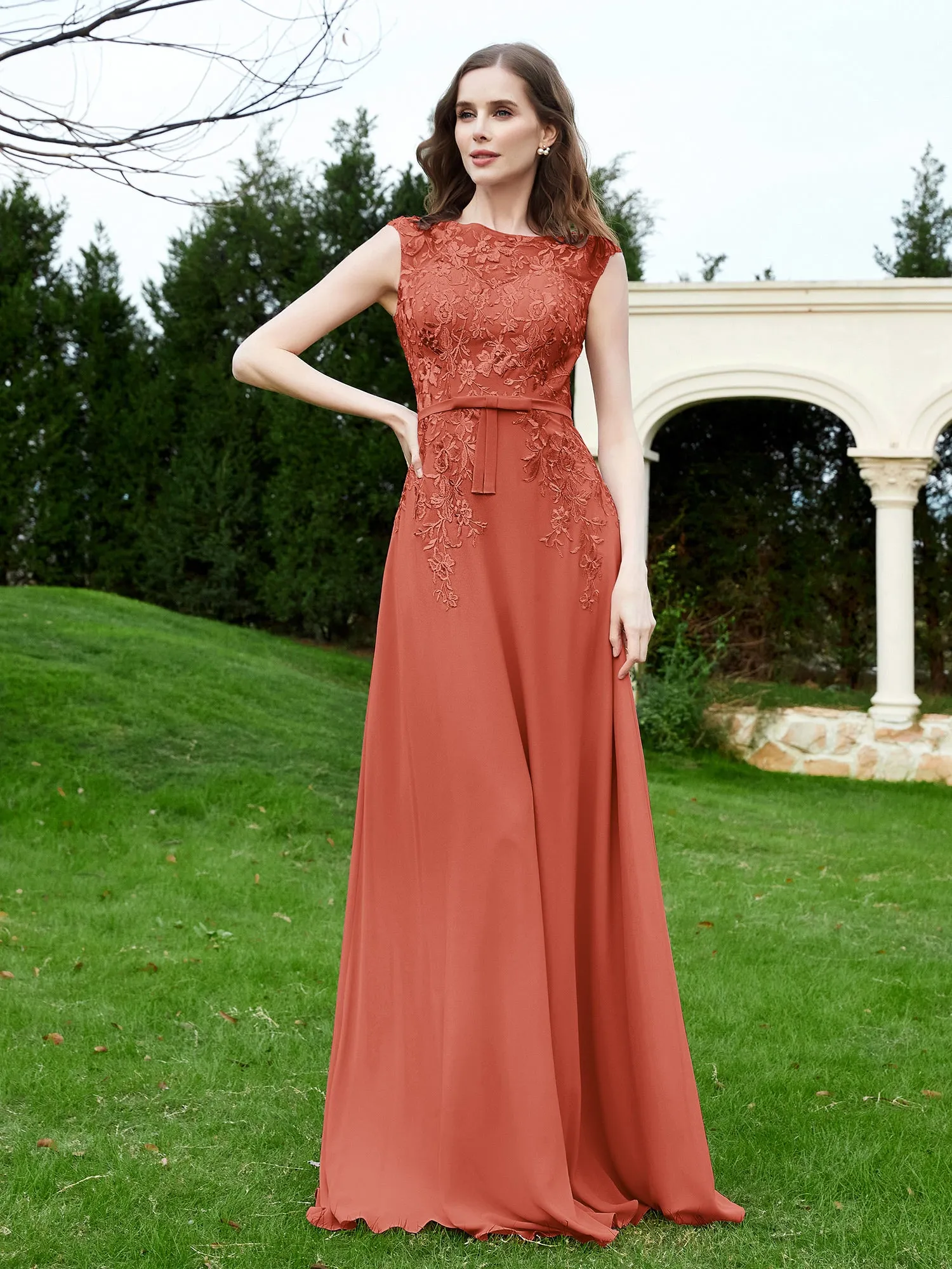 Elegant Illusion Lace Appliqued Dress With Buttons Rust