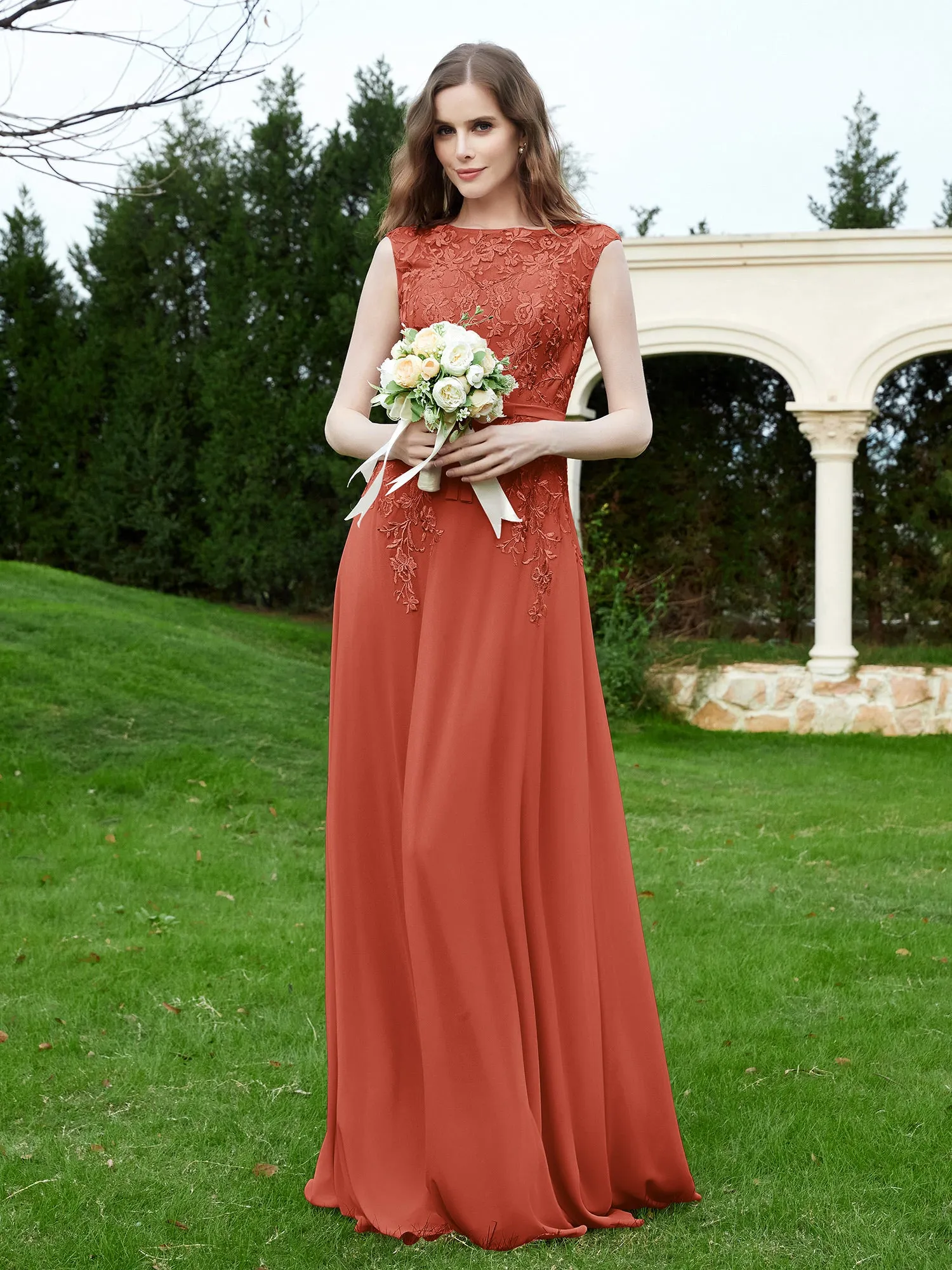 Elegant Illusion Lace Appliqued Dress With Buttons Rust