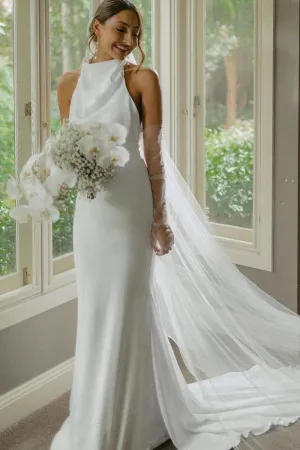 Elegant Mermaid White Halter Satin Wedding Dresses