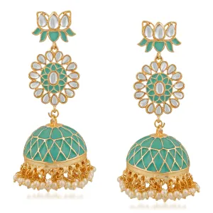 Ethnic White Kundan Lotus Flower Shaped Green Meenakari Work Dangler Jhumki Earring
