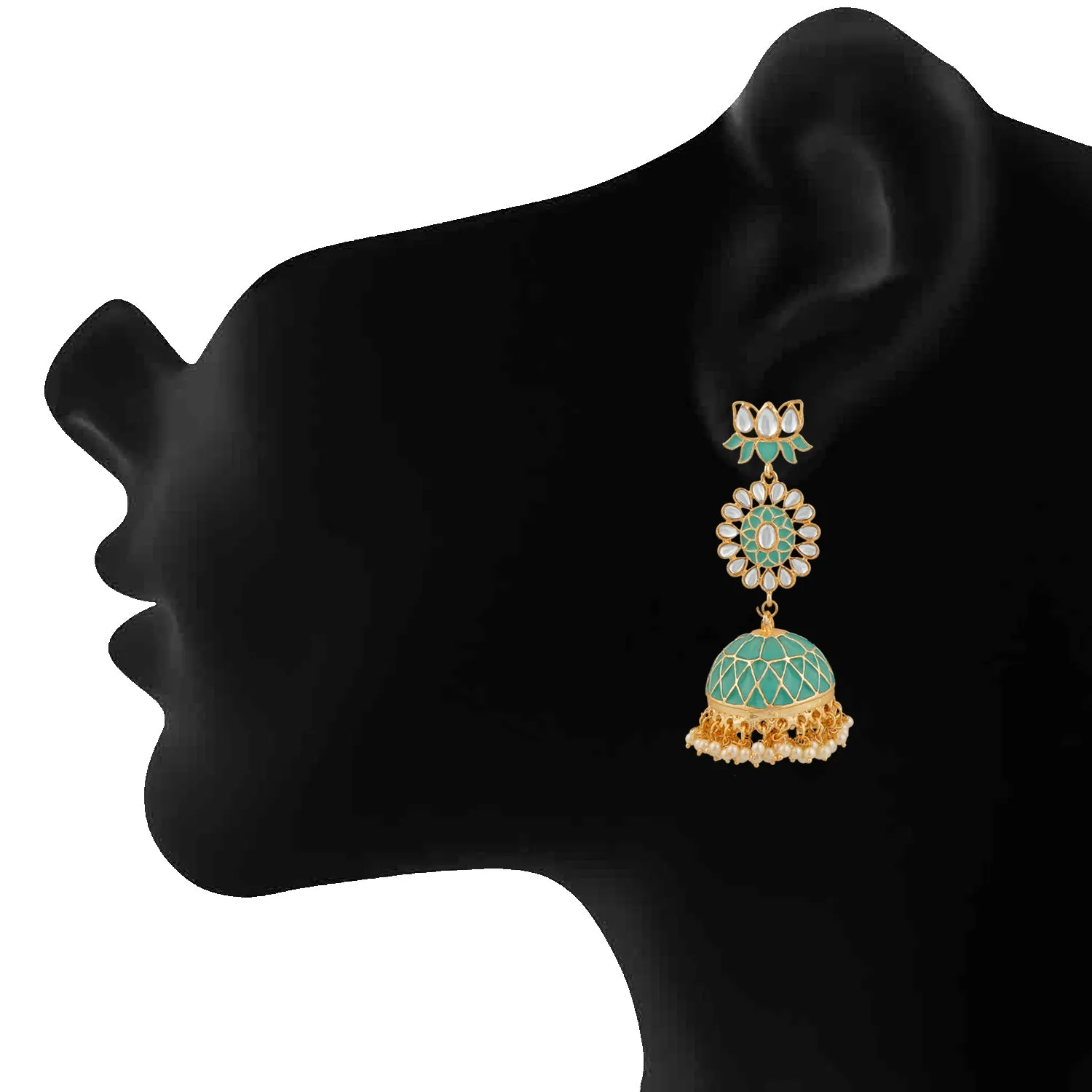Ethnic White Kundan Lotus Flower Shaped Green Meenakari Work Dangler Jhumki Earring