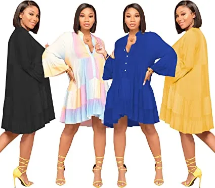 FairyLove Womens Casual Long Bell Sleeves Dress Loose Flowy Dresses for Wedding Guest