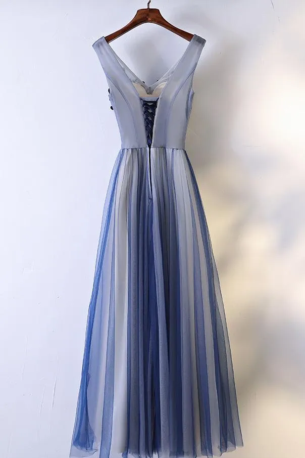 Flowy Blue Long V-neck A-line Lace Tulle Prom Dress