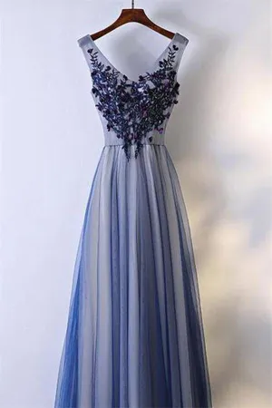 Flowy Blue Long V-neck A-line Lace Tulle Prom Dress