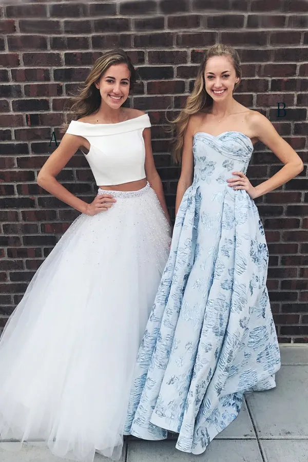 Flowy Ivory Two Pieces A-line Long Beading Prom Dress For Teens