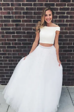 Flowy Ivory Two Pieces A-line Long Beading Prom Dress For Teens