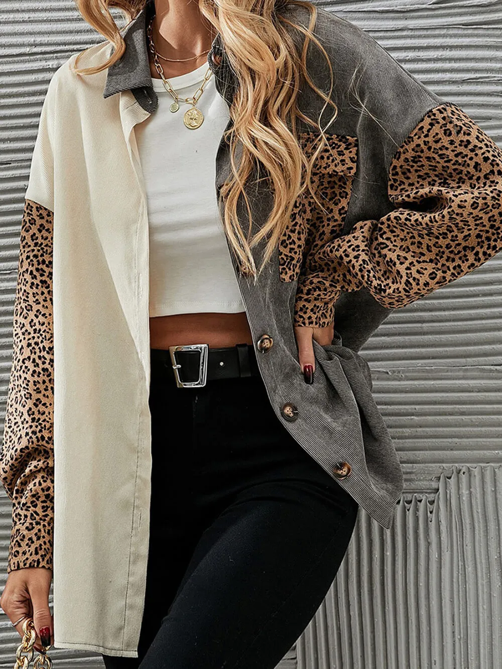 Gray Leopard Patch Corduroy Jacket