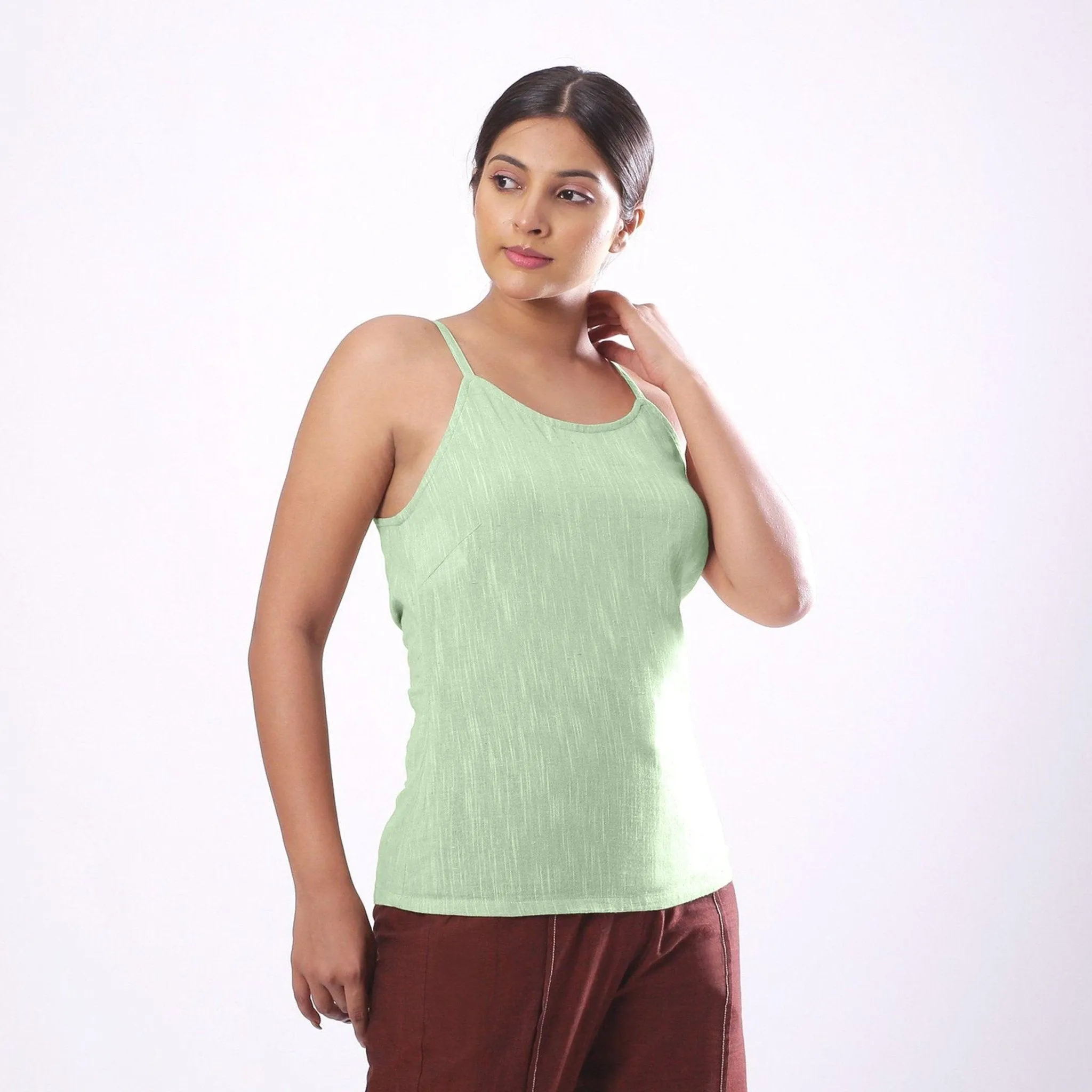 Green Yarn Dyed Cotton Slim Fit Spaghetti Top
