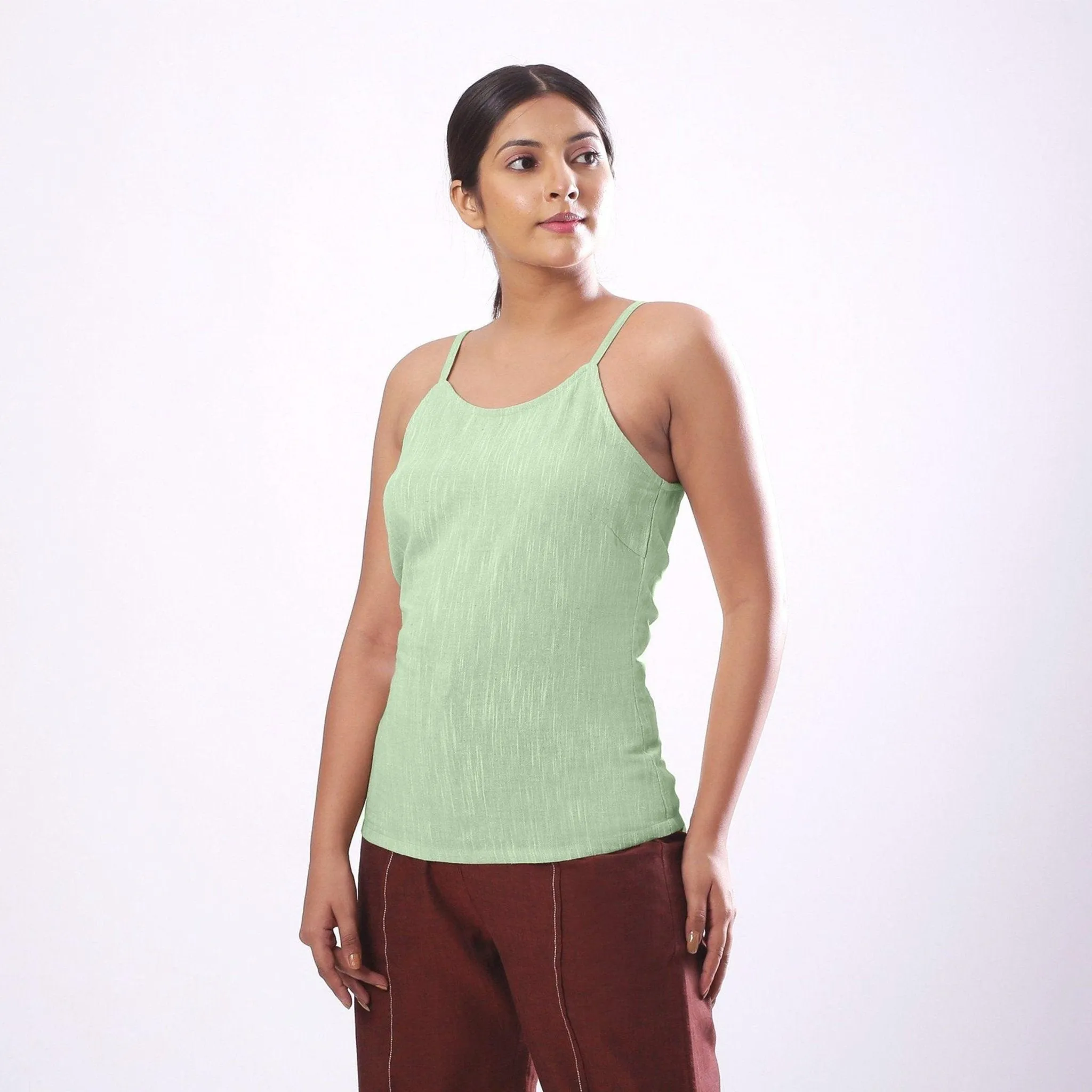 Green Yarn Dyed Cotton Slim Fit Spaghetti Top