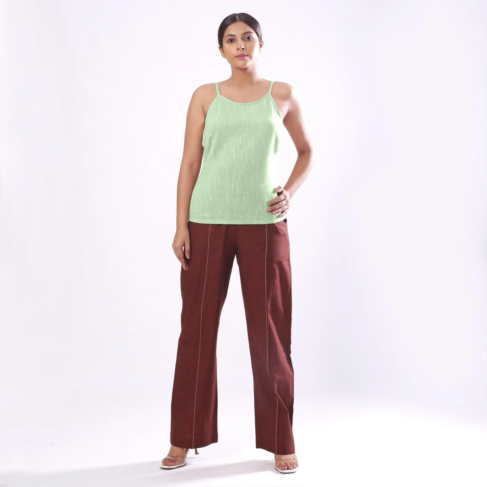 Green Yarn Dyed Cotton Slim Fit Spaghetti Top