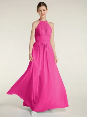 Halter Chiffon And Lace Long Dresses Fuchsia Plus Size