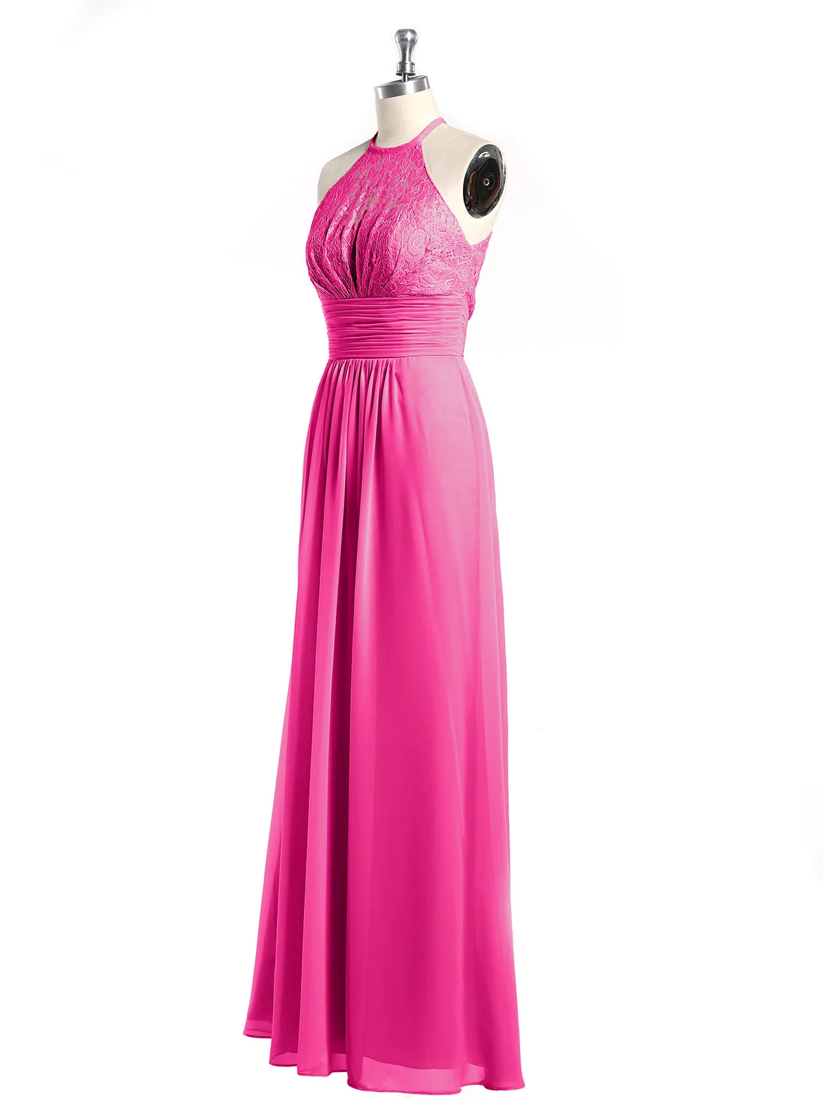 Halter Chiffon And Lace Long Dresses Fuchsia Plus Size