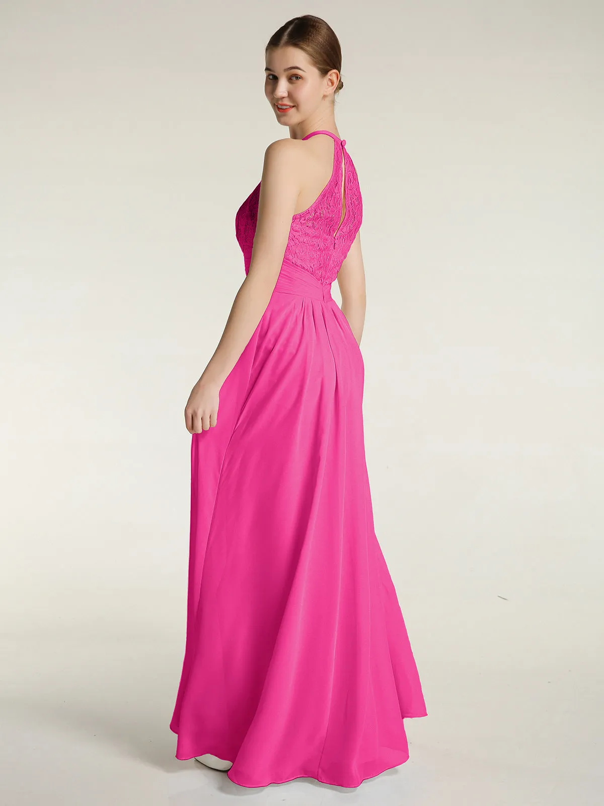 Halter Chiffon And Lace Long Dresses Fuchsia Plus Size
