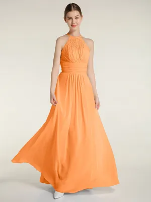 Halter Chiffon And Lace Long Dresses Orange