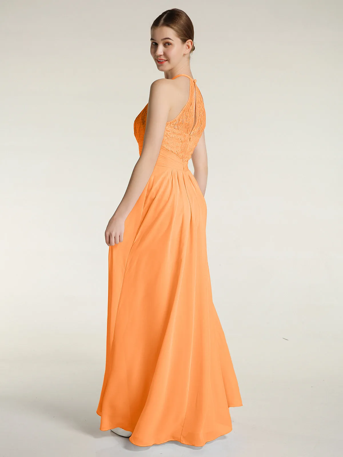 Halter Chiffon And Lace Long Dresses Orange