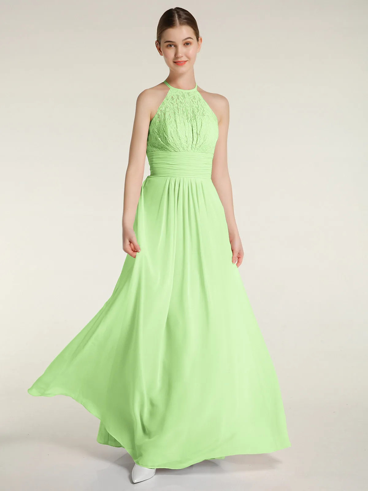 Halter Chiffon And Lace Long Dresses Sage