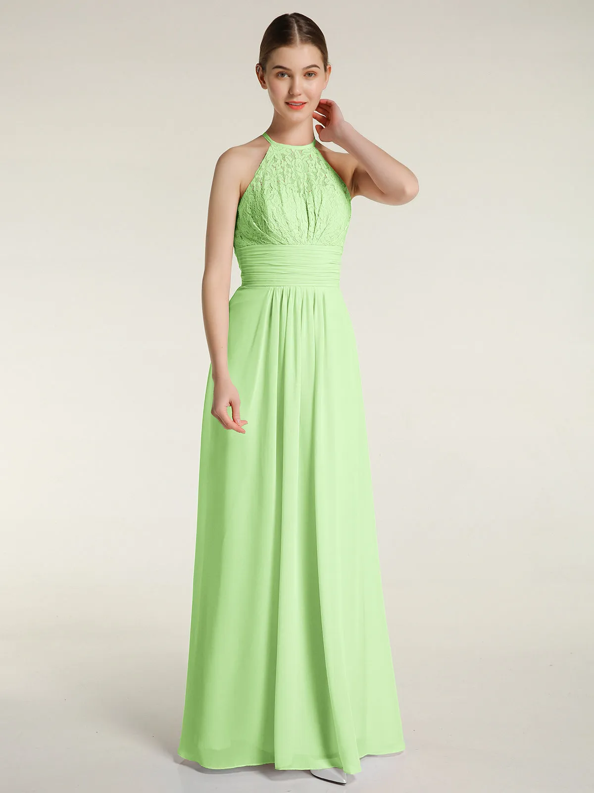 Halter Chiffon And Lace Long Dresses Sage