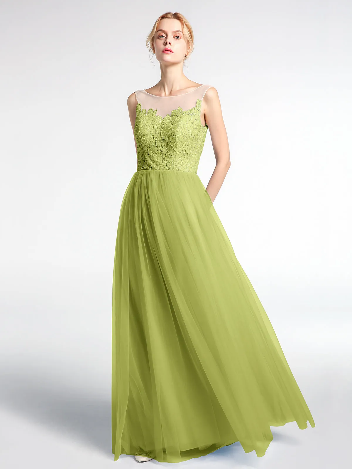 Illusion Neckline Lace and Tulle Maxi Dress-Clover