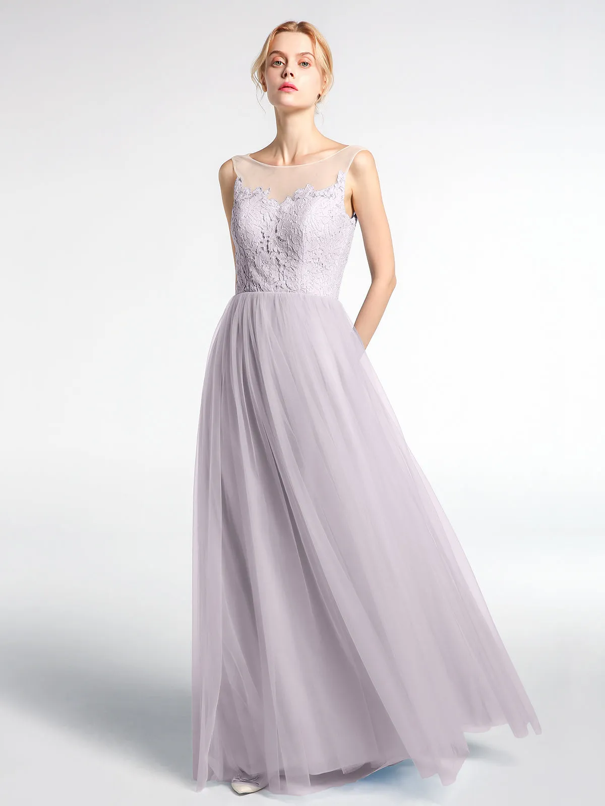 Illusion Neckline Lace and Tulle Maxi Dress-Dusk
