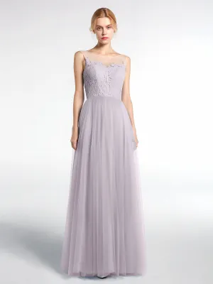 Illusion Neckline Lace and Tulle Maxi Dress-Dusk