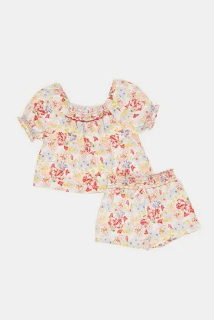 Infant Girls Pink Floral Print Blouse With Shorts (2 Piece)