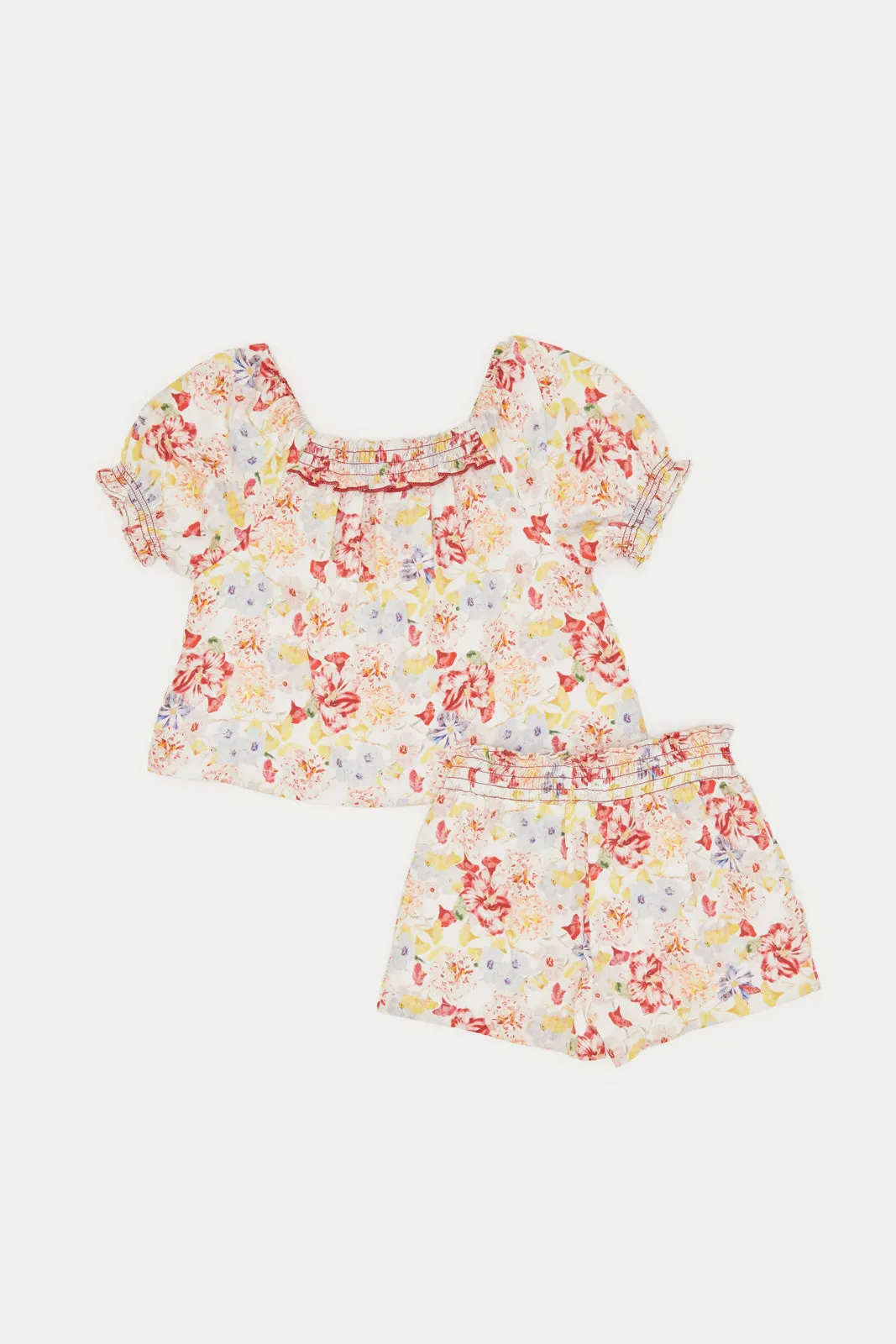 Infant Girls Pink Floral Print Blouse With Shorts (2 Piece)