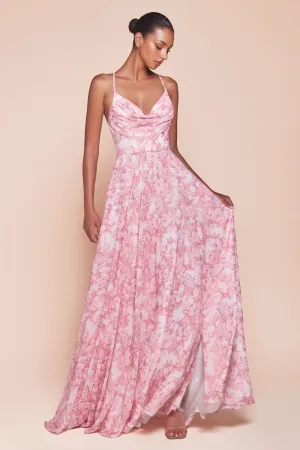 IRIS GOWN - ROSE - A-LINE SOFT SATIN CHIFFON PRINT DRESS