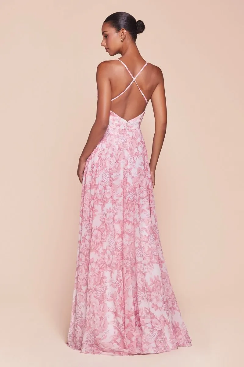 IRIS GOWN - ROSE - A-LINE SOFT SATIN CHIFFON PRINT DRESS