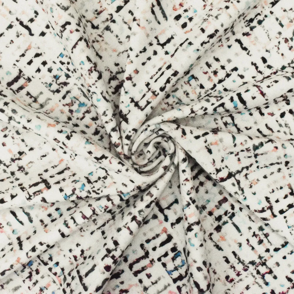 Ivory Teal Multi Abstract Print Stretch poly Tricot Knit Swimwear Fabric