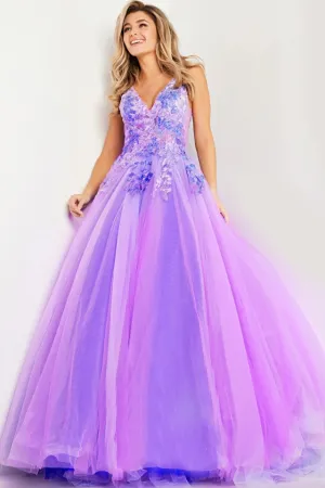 Jovani 24602 Long Prom Dress A-Line Ballgown Floral Bodice Sheer Sides  V Neck Tulle Formal Pageant Gown
