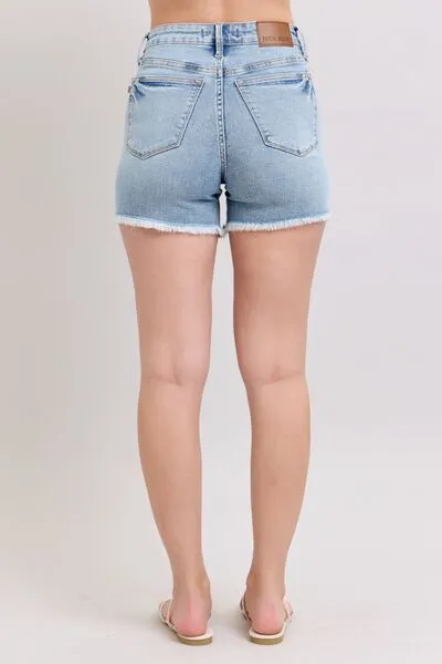 Judy Blue Light Washed Tummy Control Raw Hem Denim Shorts