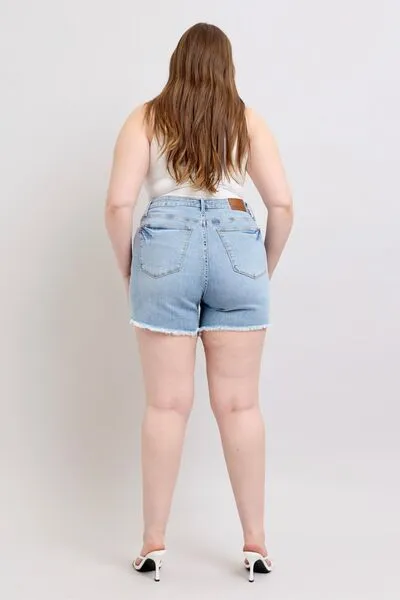 Judy Blue Light Washed Tummy Control Raw Hem Denim Shorts