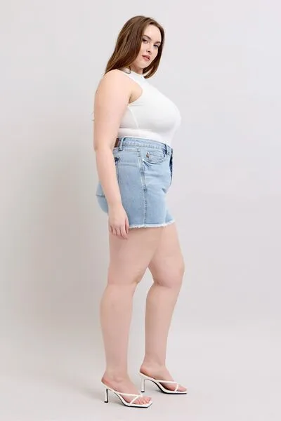 Judy Blue Light Washed Tummy Control Raw Hem Denim Shorts