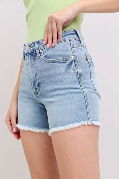 Judy Blue Light Washed Tummy Control Raw Hem Denim Shorts