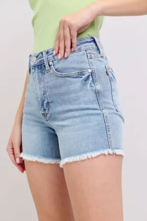 Judy Blue Light Washed Tummy Control Raw Hem Denim Shorts