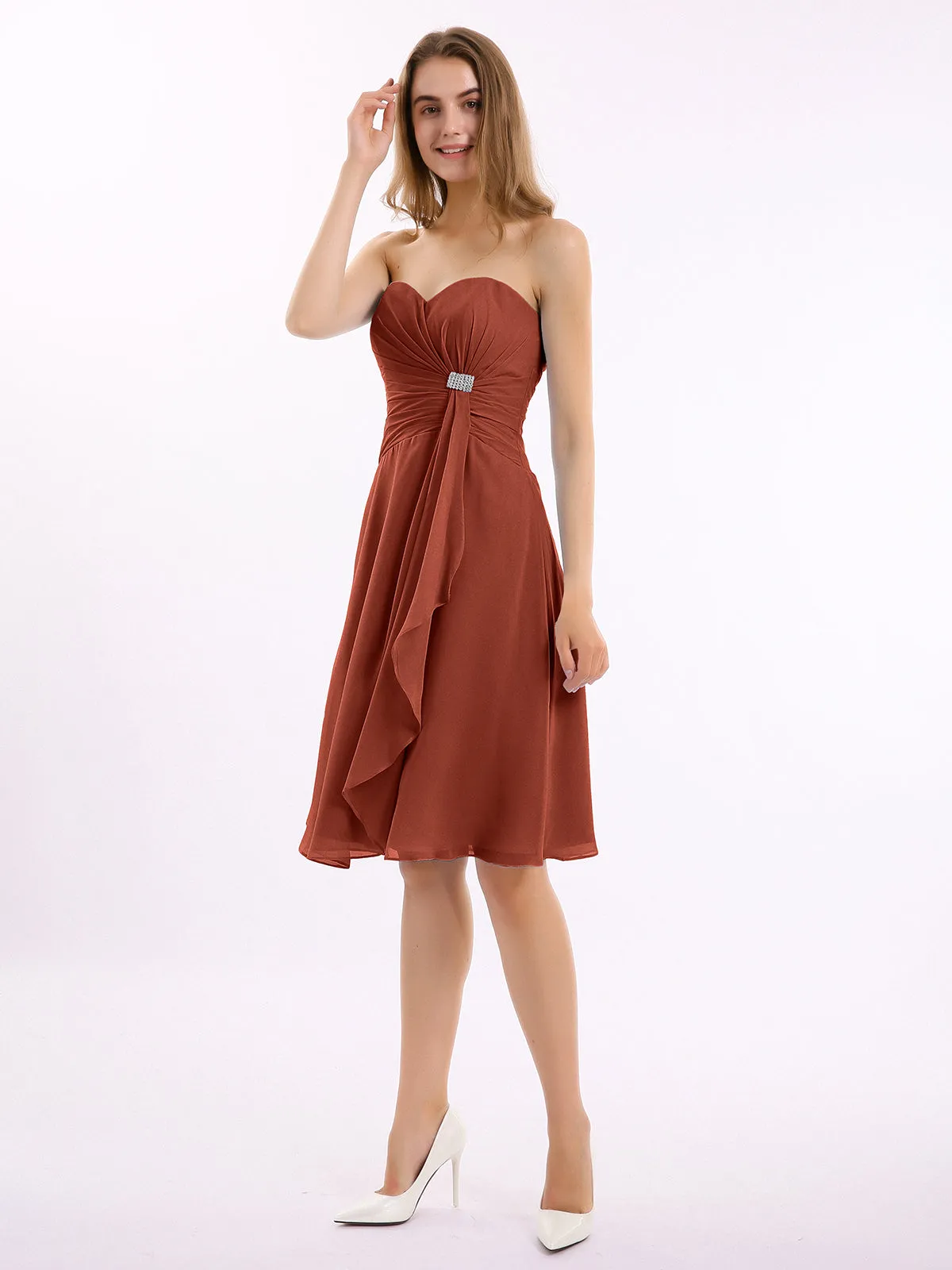 Knee Length Chiffon Dress with Sweetheart Neck-Rust