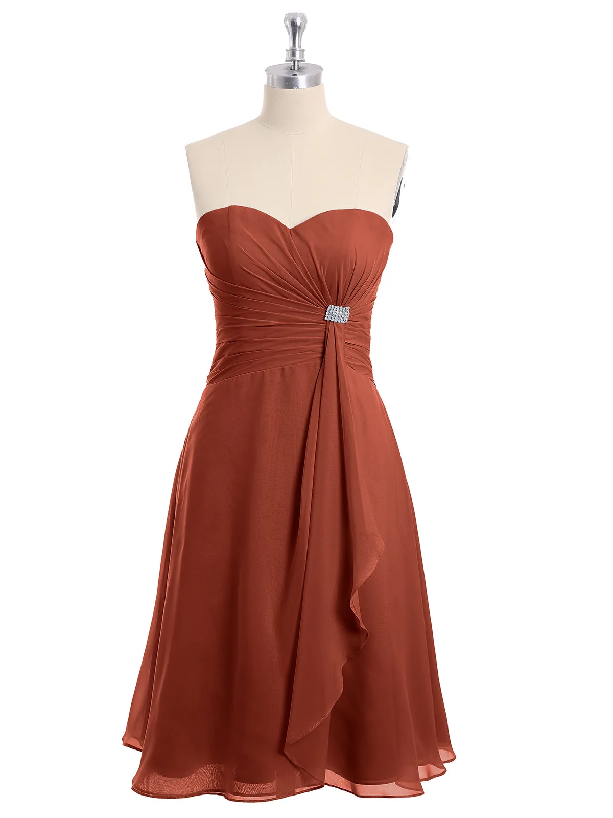 Knee Length Chiffon Dress with Sweetheart Neck-Rust