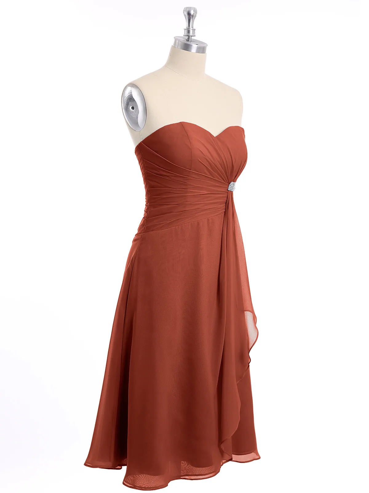 Knee Length Chiffon Dress with Sweetheart Neck-Rust