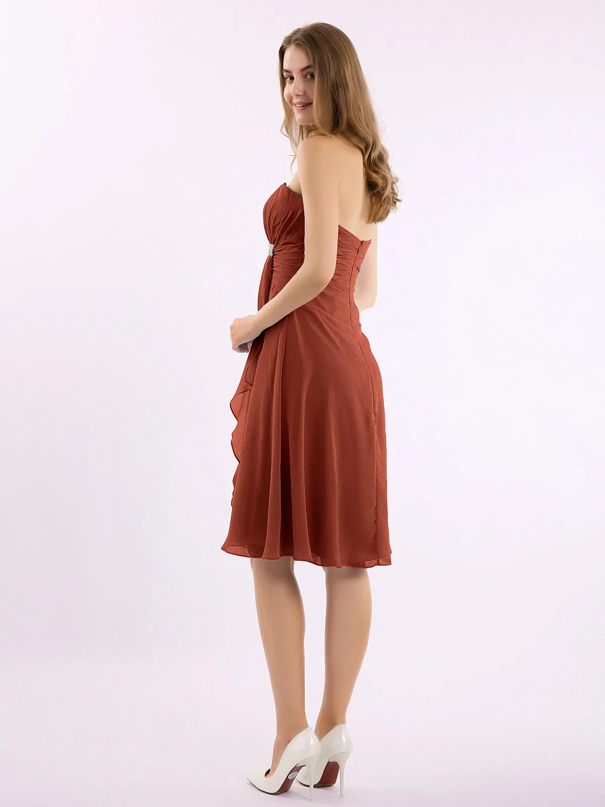 Knee Length Chiffon Dress with Sweetheart Neck-Rust