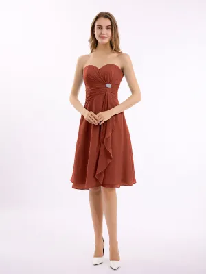 Knee Length Chiffon Dress with Sweetheart Neck-Rust