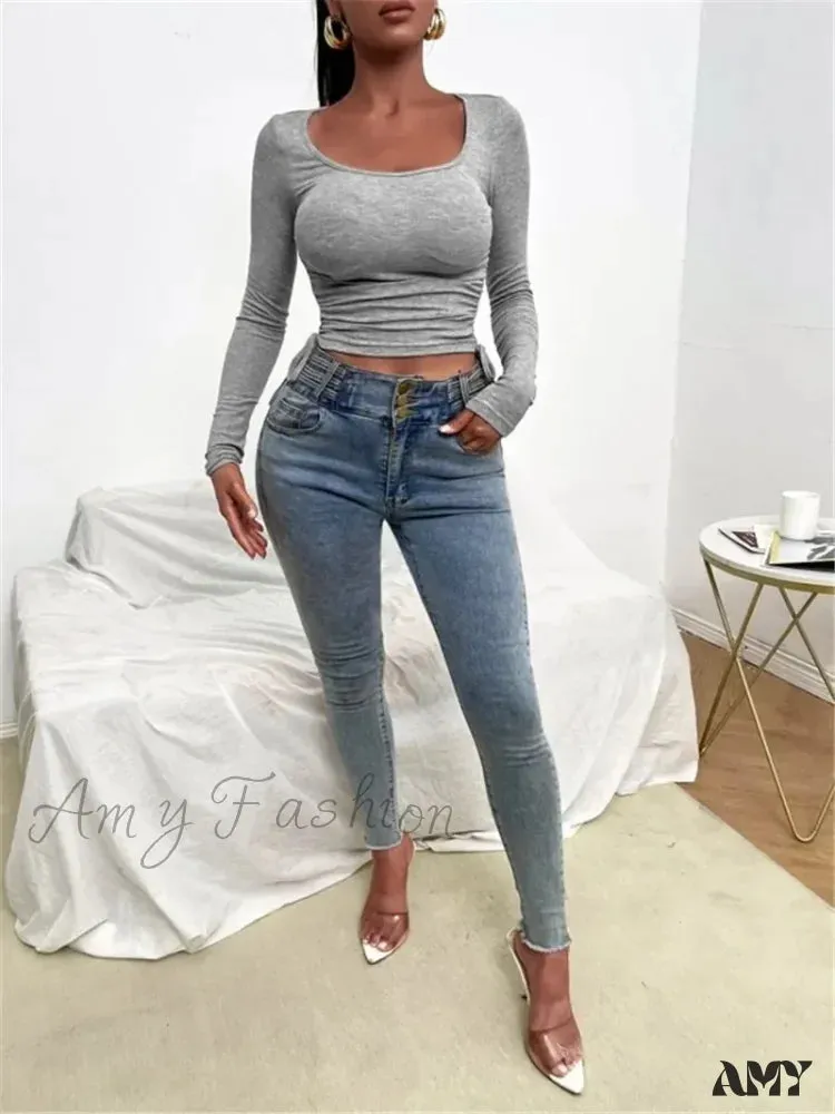 Knitted Slim Soild Round Neck Chic Long Sleeve Streetwear Crop Top