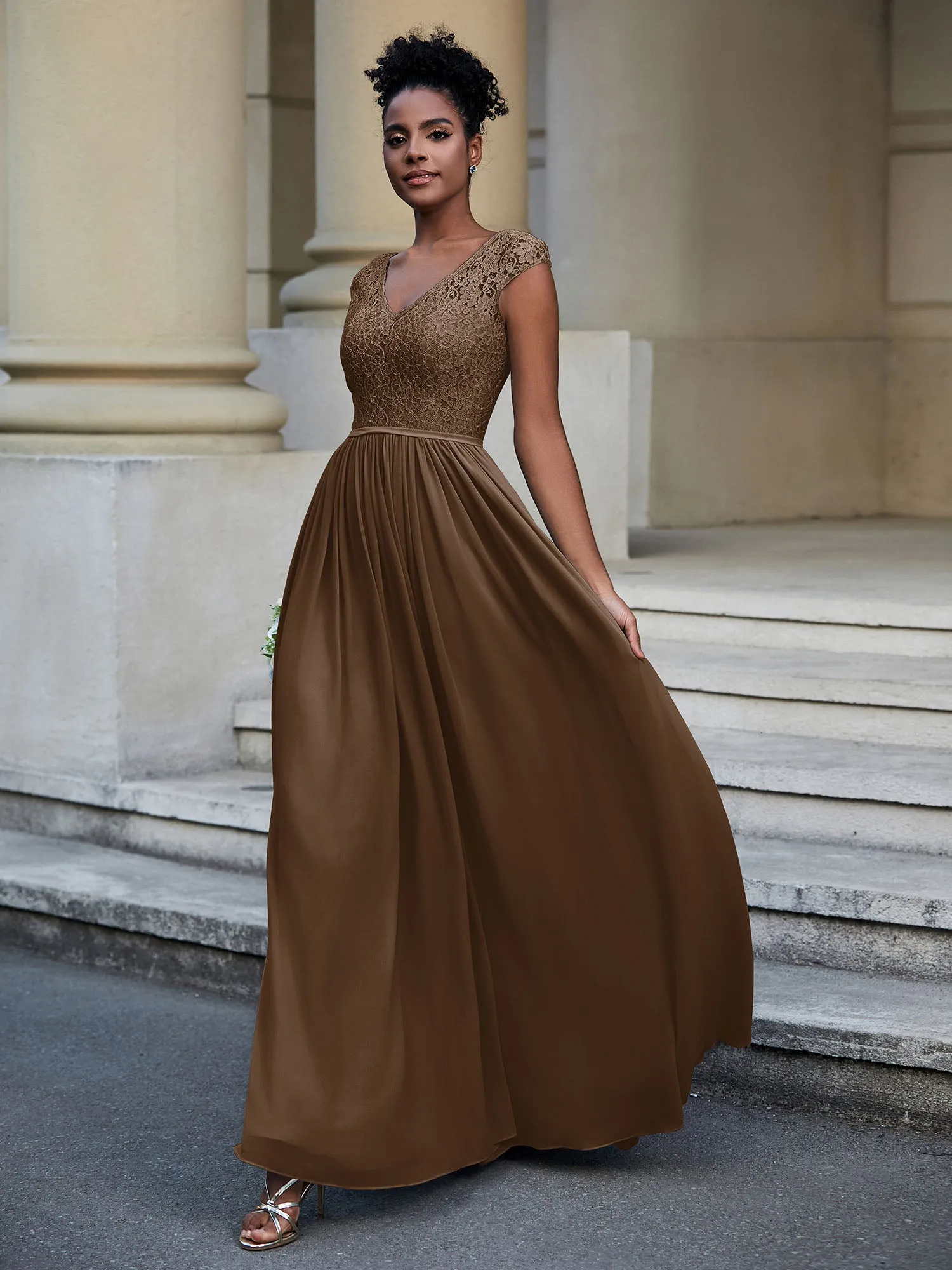 Lace and Chiffon Maxi Dress with Cap Sleeves-Brown Plus Size