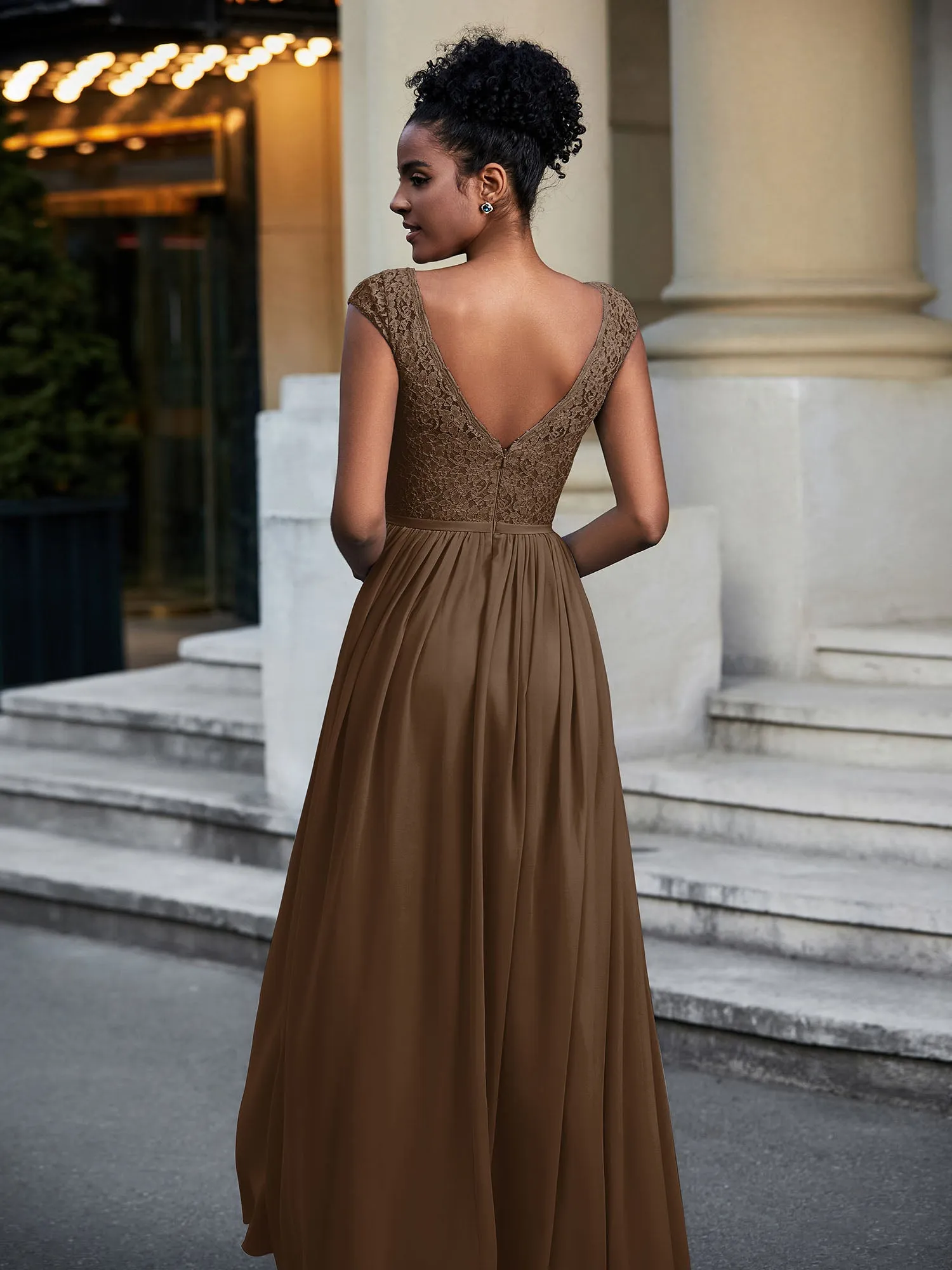 Lace and Chiffon Maxi Dress with Cap Sleeves-Brown Plus Size