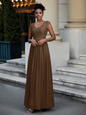 Lace and Chiffon Maxi Dress with Cap Sleeves-Brown Plus Size