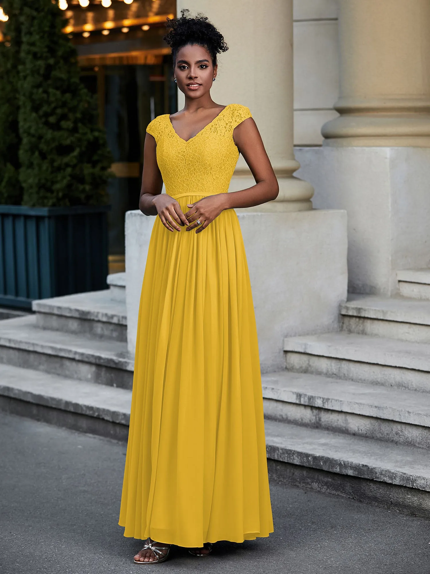 Lace and Chiffon Maxi Dress with Cap Sleeves-Marigold Plus Size
