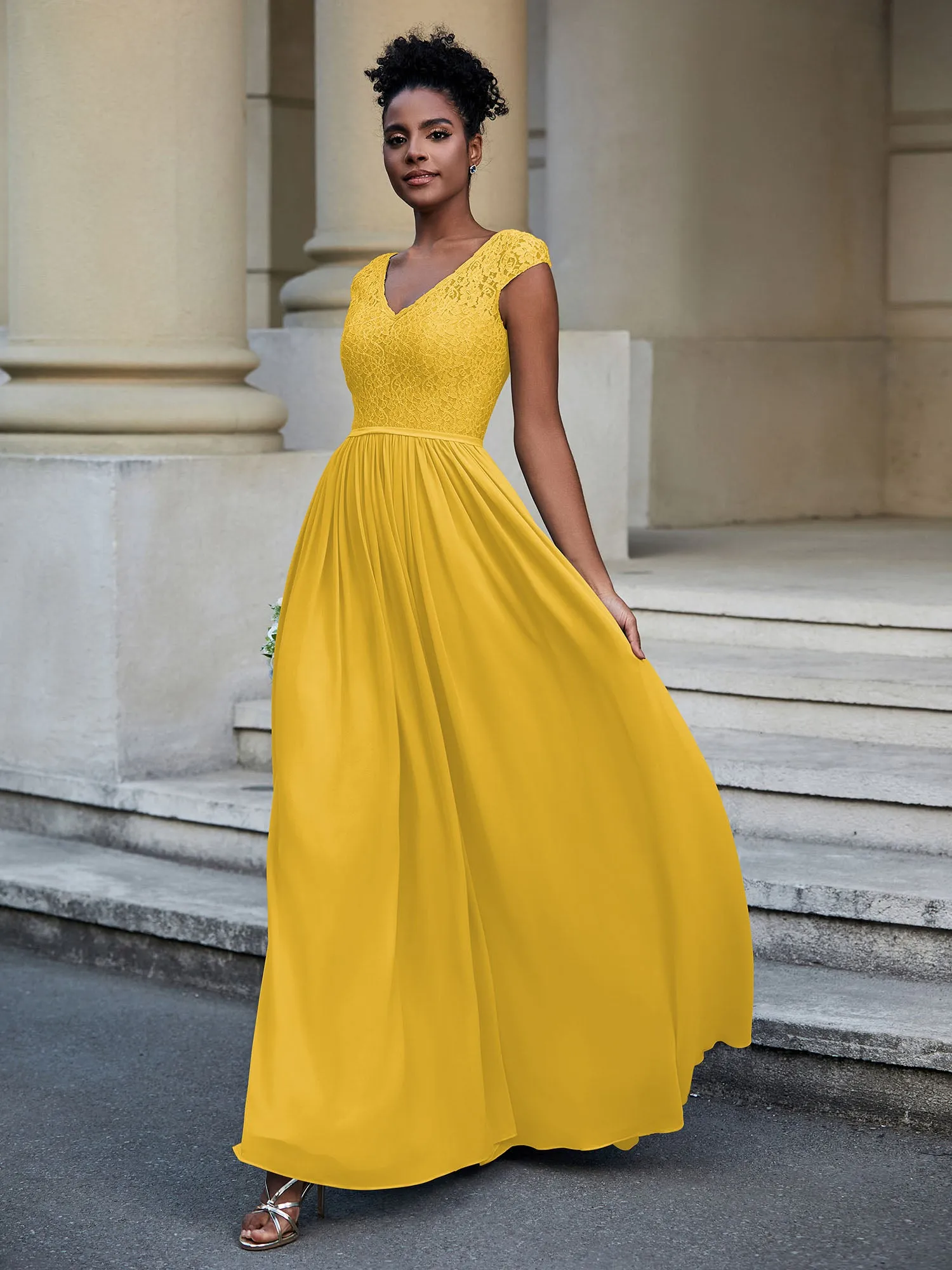 Lace and Chiffon Maxi Dress with Cap Sleeves-Marigold Plus Size