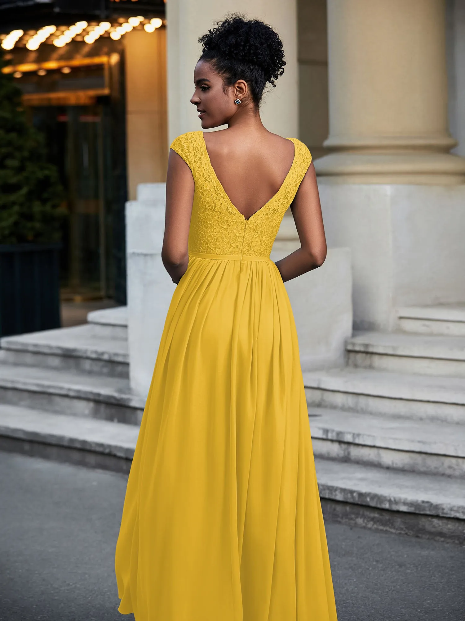 Lace and Chiffon Maxi Dress with Cap Sleeves-Marigold Plus Size